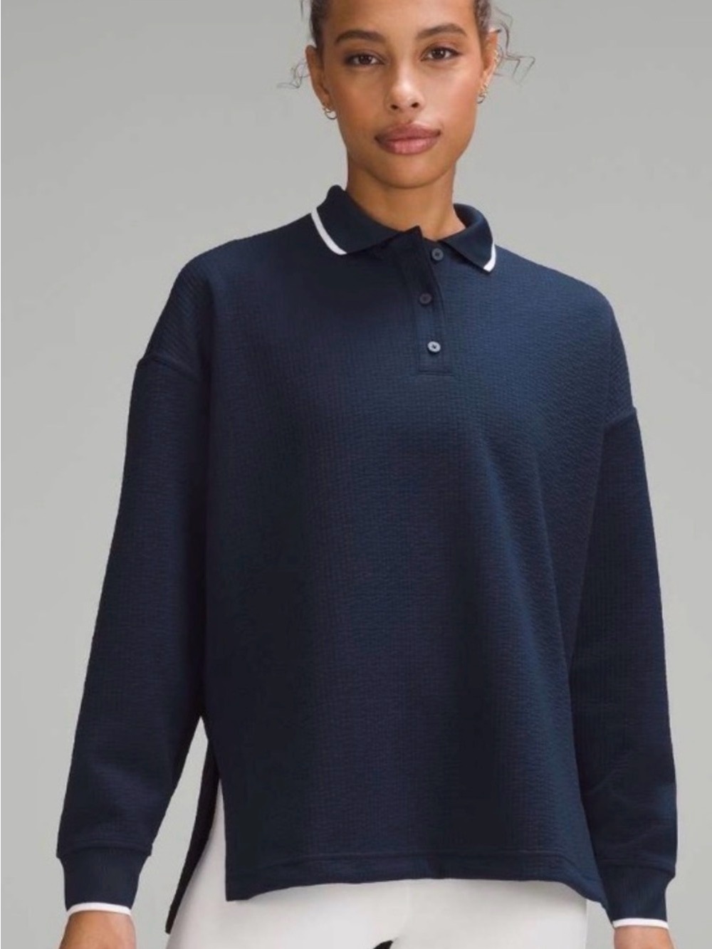 Lululemon Women’s Textured Long-Sleeve Navy Polo White Trim. Like New, size 8 - Picture 1 of 8